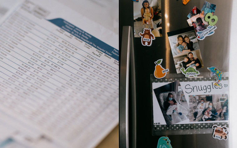 Photos from the hospital are pinned to the fridge at the Hurley house.