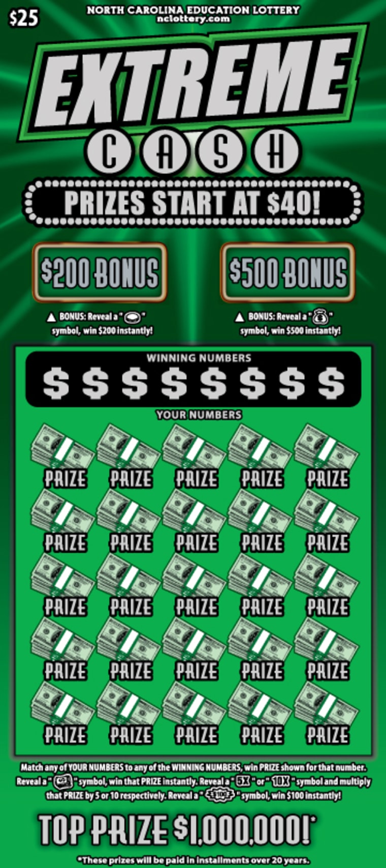 An example of an Extreme Cash scratch ticket