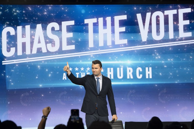 Charlie Kirk before a conversation with Sen. JD Vance during Turning Point Action's Chase the Vote campaign event at Generation Church in Mesa, Ariz., on Sept. 4, 2024. 