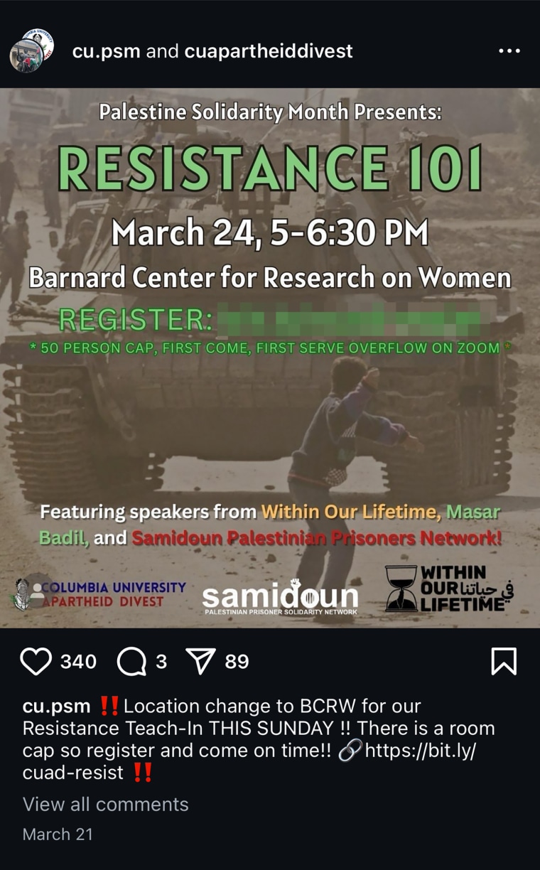 An online flyer posted on the Instagram page of Columbia University Apartheid Divest, an unauthorized student organization known as CUAD, advertises a March 24 webinar that featured Charlotte Kates of Samidoun and other pro-Hamas speakers.