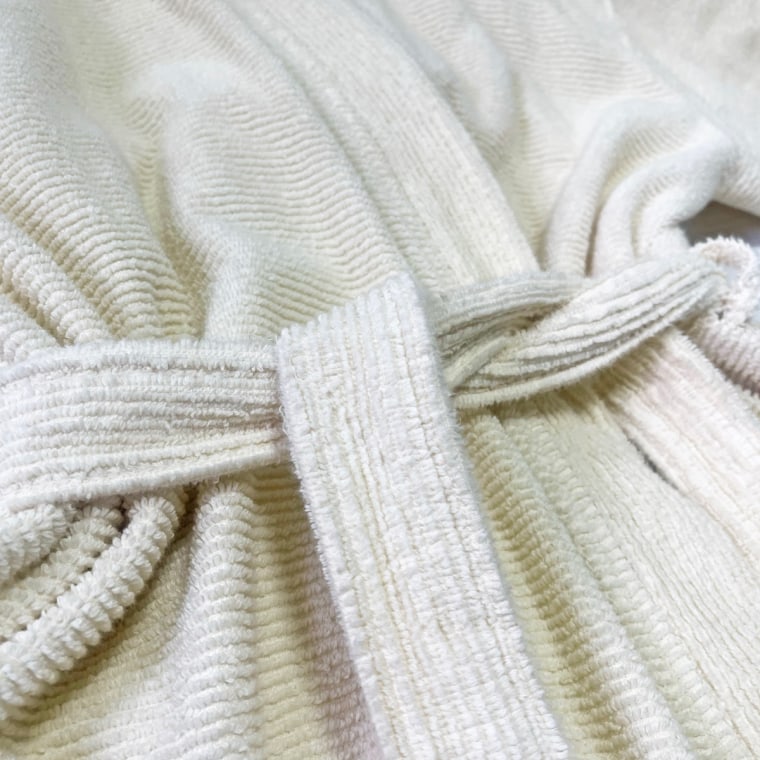 A zoomed in photo showing the ribbed texture of the Brooklinen Organic Ribbed Robe.