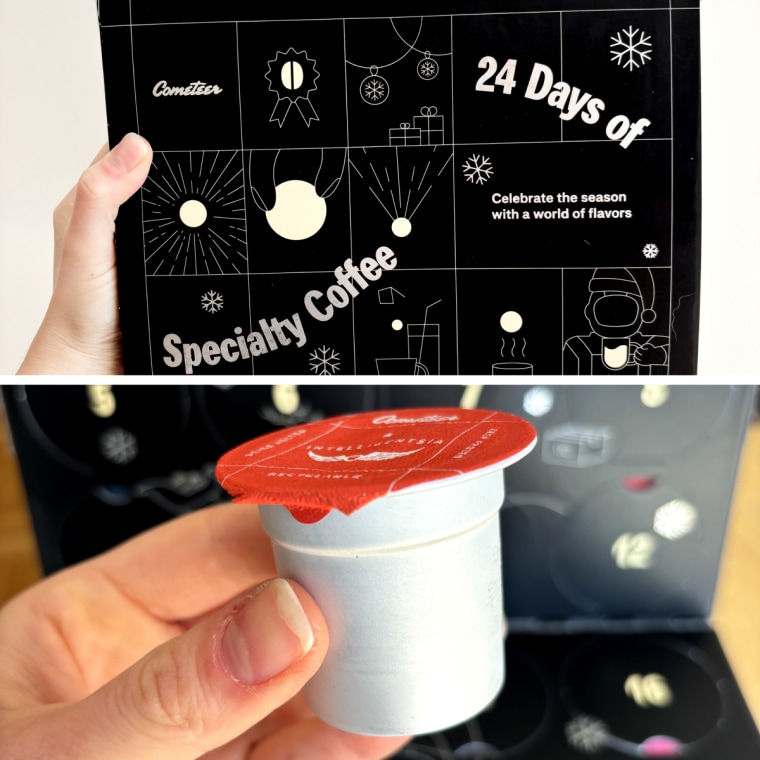 A woman’s hand holding the Cometeer Advent calendar in front of a white wall (left), a woman’s hand holding a Cometeer coffee pod in front of the Advent calendar (right).