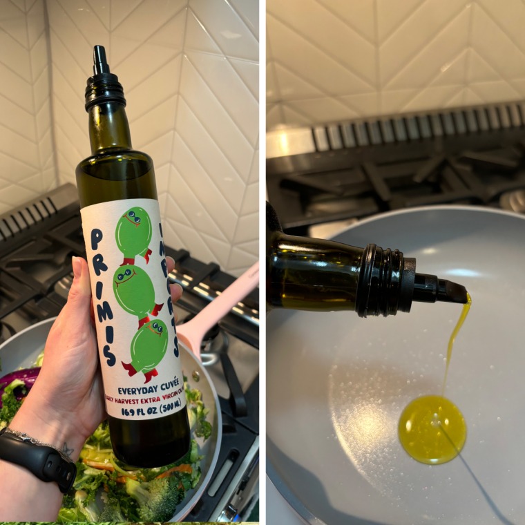 Primis’ olive oil being drizzled into a nonstick pan (left). A woman’s hand holding a bottle of Primis olive oil in front of white backsplash and a gas stove with a pan on it (right).