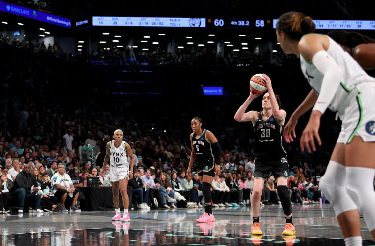 Breanna Stewart of the New York Liberty shoots a free throw in the game against the Minnesota Lynx.