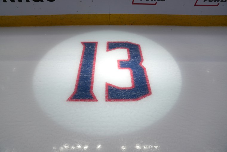 The number 13 in honor of Johnny Gaudreau was displayed on the ice before the game during the game on October 15, 2024 in Columbus, Ohio. 