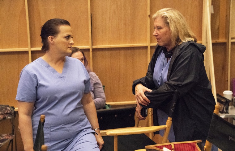 Elisabeth Finch and Linda Klein on the set of "Grey's Anatomy" during season 15.