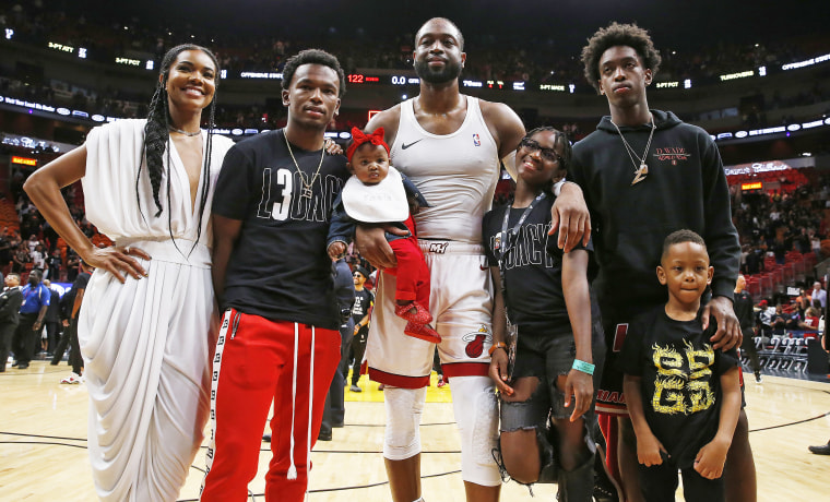 Dwyane Wade with his wife, Gabrielle Union, nephew, Dahveon Morris, and children, Kaavia James Union Wade, Zaire Wade, Xavier Wade and Zion Wade.