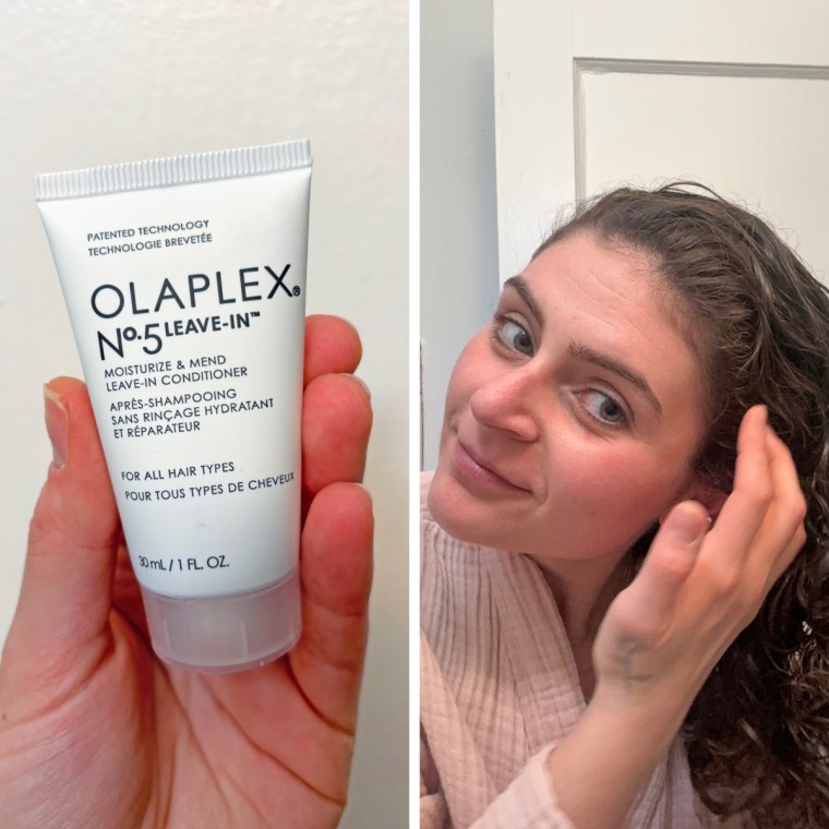 On the left, a woman holds a travel-size Olaplex leave-in conditioner. On the right, she applies it to her damp, curly hair.