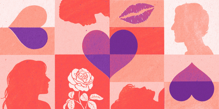 Hearts, side profiles of men and women, and a rose on a orange checkered background