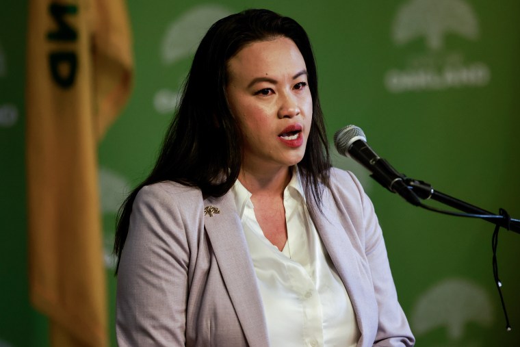 Oakland Mayor Sheng Thao makes remarks to the media following an FBI raid on her home in Oakland, California, on April 15, 2024. 