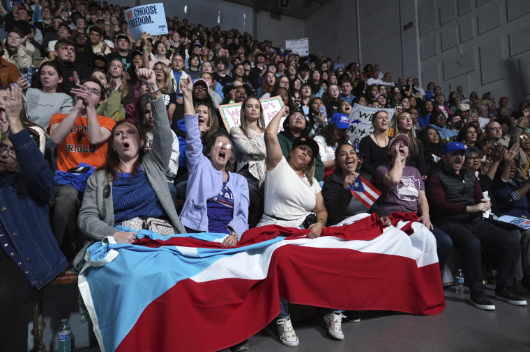 Harris supporters hold the flag of Puerto Rico