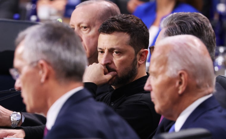 Ukrainian President Volodymyr Zelenskyy surrounded by world leaders at the NATO 75th anniversary summit