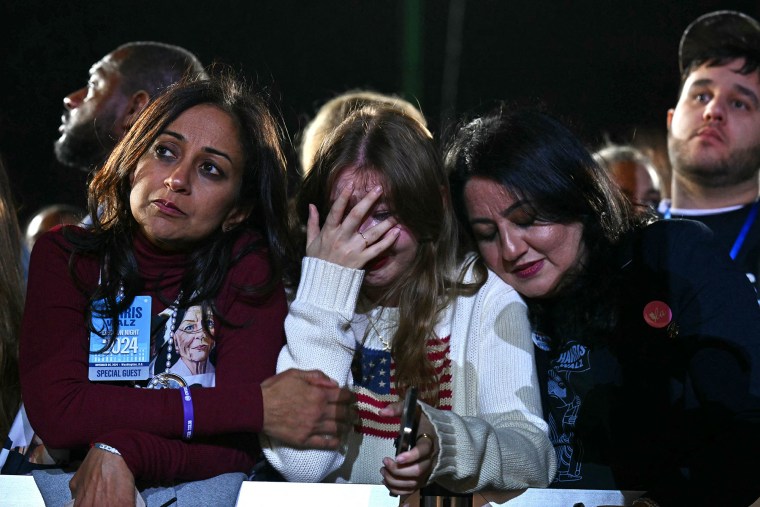 Supporters react to the election results during an election night rally 