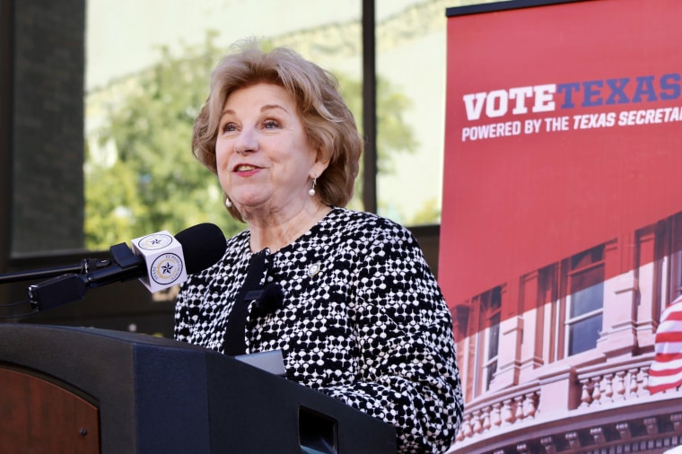 Texas Secretary of State Jane Nelson speaks during a press conference in Downtown El Paso Tuesday, Feb. 20, 2024, the first day of early voting ahead of the March 5 primary election, as part of a statewide voter education tour.