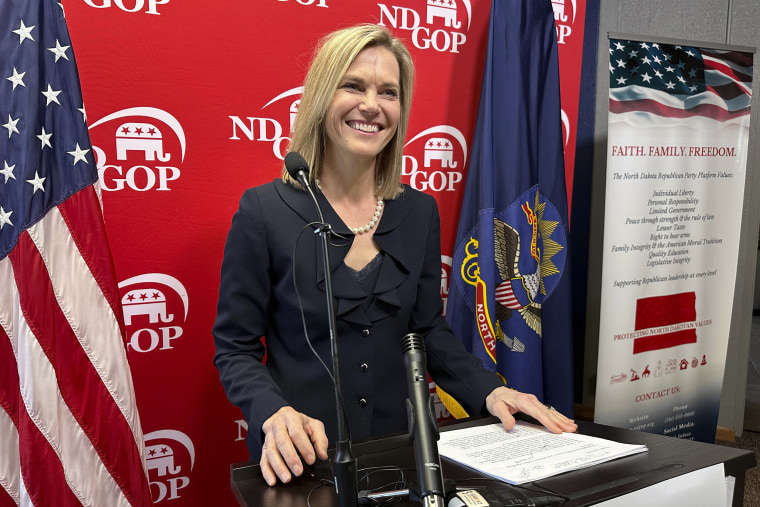 North Dakota Republican Public Service Commissioner Julie Fedorchak steps to a lectern to announce her candidacy for the U.S. House of Representatives at the Republican Party headquarters in Bismarck, North Dakota, on February 15, 2024. 