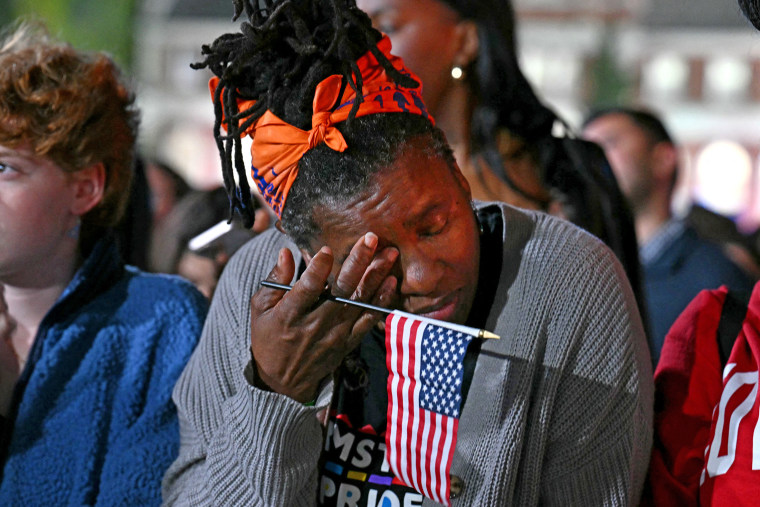 Supporters react to election results during an election night event for US Vice President and Democratic presidential candidate Kamala Harris at Howard University in Washington, DC, on November 5, 2024.