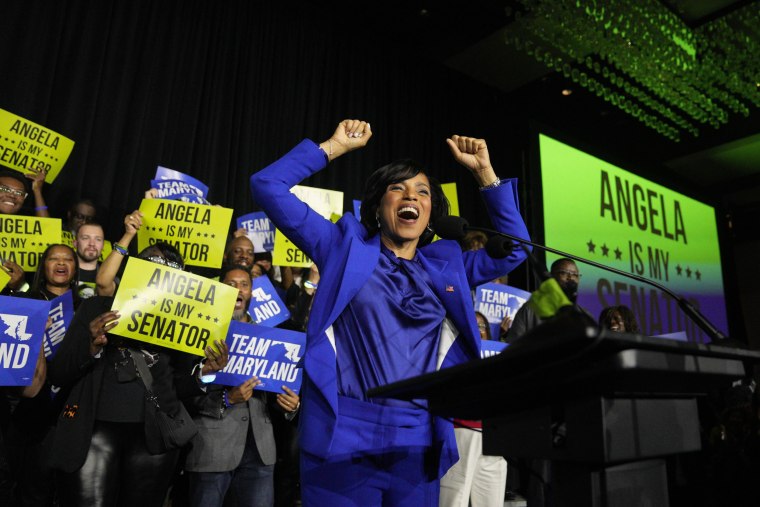 Maryland Democratic Senate candidate Angela Alsobrooks cheers during an election night party on Tuesday, Nov. 5, 2024, in College Park, Maryland. 