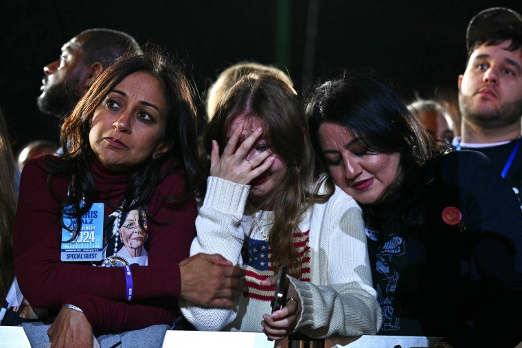 Supporters react to the election results during an election night event for Kamala Harris at Howard University in Washington, DC on November 5, 2024. 