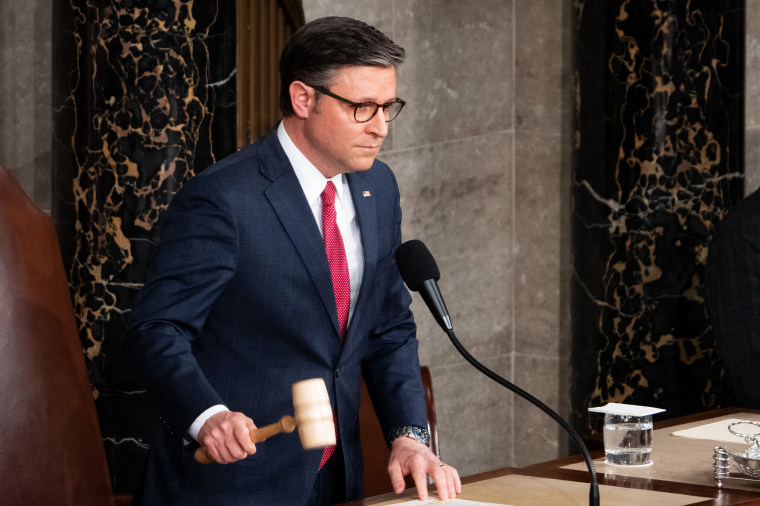 House Representative Mike Johnson strikes the gavel before the State of the Union address to a joint session of Congress at the U.S. Capitol on Thursday, March 7, 2024.