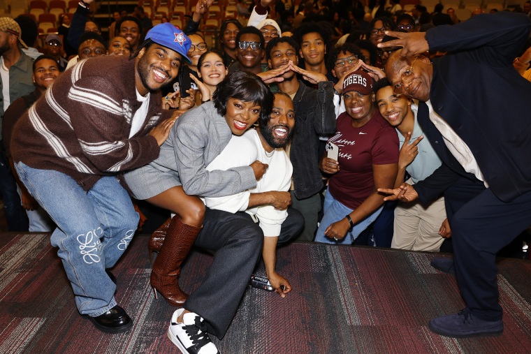 Malcolm Washington, John David Washington, Danielle Deadwyler and Samuel L. Jackson with Students after a Screening of “The Piano Lesson” at Morehouse in Atlanta.