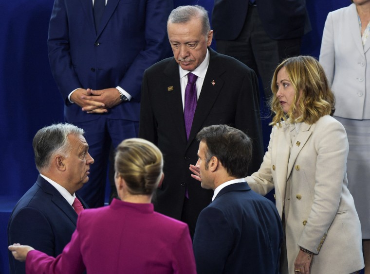 From left: Hungarian Prime Minister Viktor Orban, Danish Prime Minister Mette Frederiksen, Turkish President Erdogan French President Emmanuel Macron and Italian Prime Minister Giorgia Meloni in Budapest on Nov. 7, 2024.