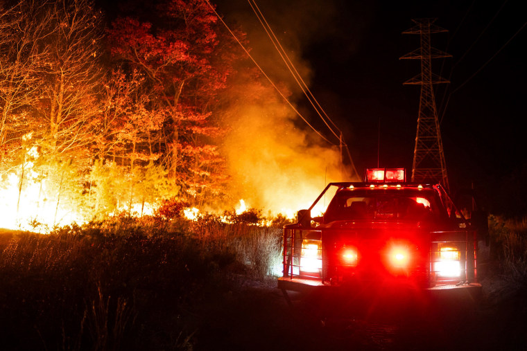 A fire burns in a forest at night with a police car next to the scene