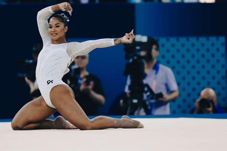 Jordan Chiles competes in the floor final at the Paris Olympic Games.