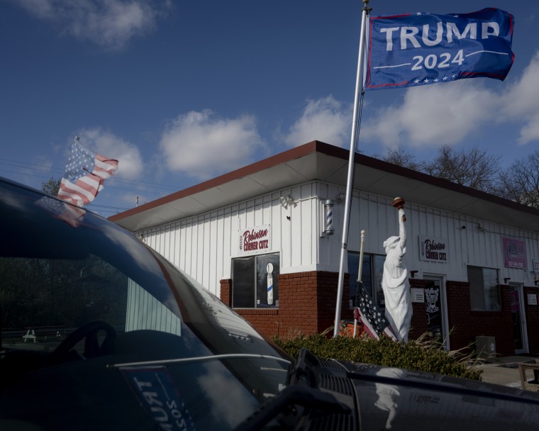 American and Trump flags adorn the parking lot of small shopping strip mall.