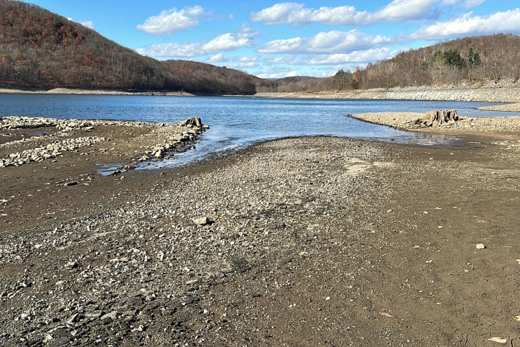 The Wanaque Reservoir still filled with water but mostly dry land