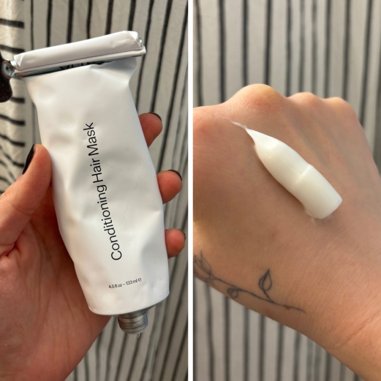 On the left, woman holds up the tube of Act + Acre’s Conditioning Hair Mask. On the right, she swatches it on her hand.