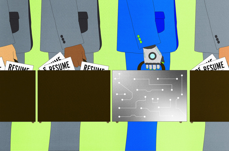 Illustration of people in business suits in line, holding briefcases with resumes; one of the people is a robot with a chrome briefcase 