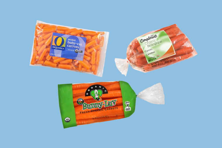 An assortment of three bags of carrots edited on a blue background