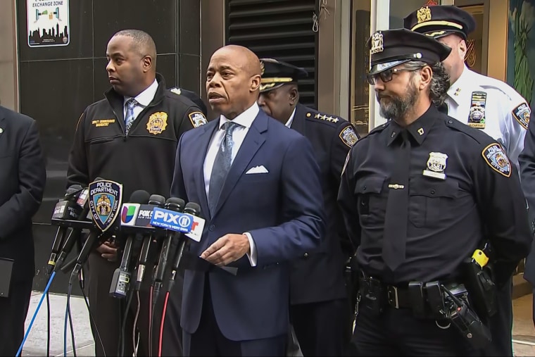 New York Mayor Eric Adams speaks about a suspect in custody