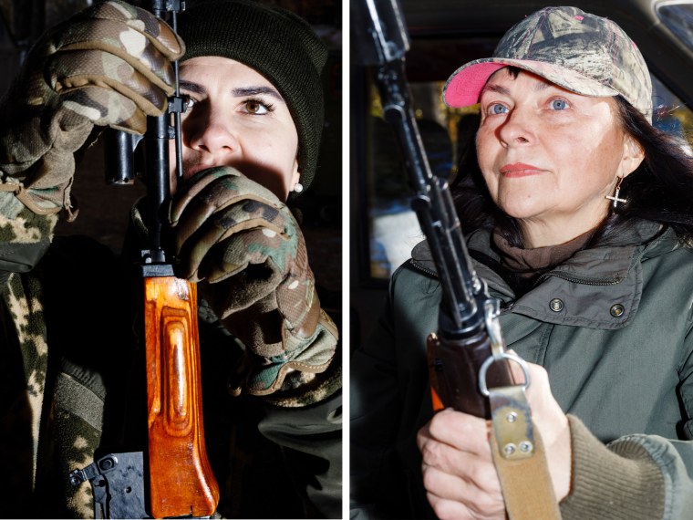 Members of the 'Bucha Wiches' load weapons during a training session in Kyiv Oblast on November 2, 2024.