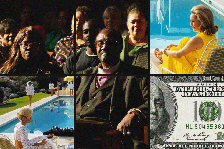 Photo illustration of black descendants and survivors of Palm Springs Section 14; women near a pool in a Palm Springs home; and a $100 bill