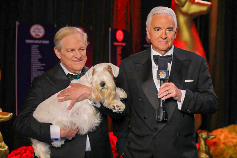 Stache, 2023 Best In Show Sealyham Terrier, with co-hosts David Frei and John O'Hurley.