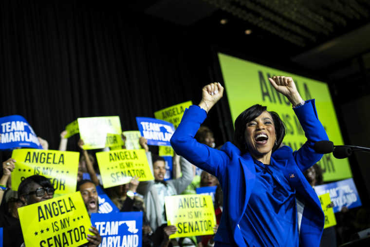 Senator-elect Angela Alsobrooks (D-MD) takes the stage to speak after her victory. The election results were announced during Angela Alsobrooks' Election Night party, hosted by the Maryland Democratic Party, on Election Day, Tuesday, November 5, 2024, at the college. Park, Maryland.  