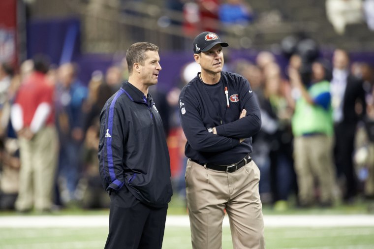 John and Jim Harbaugh before the 2013 Super Bowl.