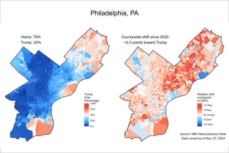 La mappa a sinistra mostra i distretti elettorali di Filadelfia in base a chi ha vinto quel distretto. La mappa a destra mostra come è cambiato quel quartiere rispetto al 2020.