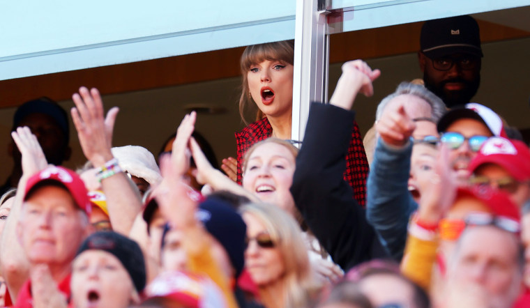 Taylor Swift reacts while watching the first half of the game between the Kansas City Chiefs and the Denver Broncos on Nov. 10, 2024.