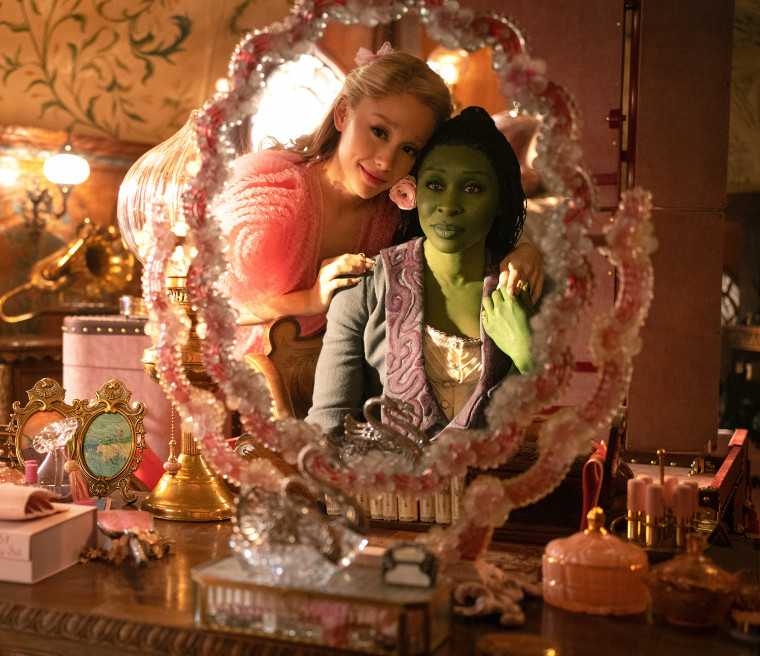 Ariana Grande as Glinda and Cynthia Erivo as Elphaba in "Wicked."