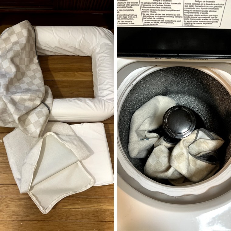 One image shows a pet bed with unzipped covers on hardwood floors and the other image shows the covers in a washing machine