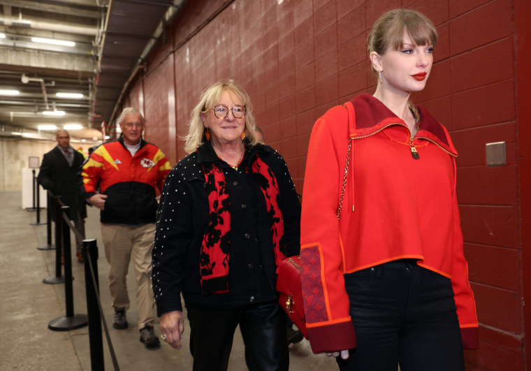 Taylor Swift walks into the stadium alongside Donna Kelce prior to the game between the Las Vegas Raiders and the Kansas City Chiefs at GEHA Field at Arrowhead Stadium on November 29, 2024 in Kansas City, Missouri.