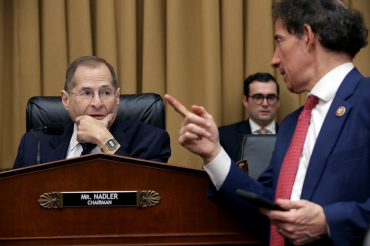 House Judiciary Committee Chairman Jerry Nadler (D-NY) (L) speaks with Rep. Jamie Raskin (D-MD) during a hearing on Capitol Hill, May 08, 2019, in Washington. 