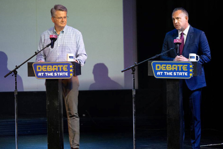 John Duarte and Adam Gray speak during the debate