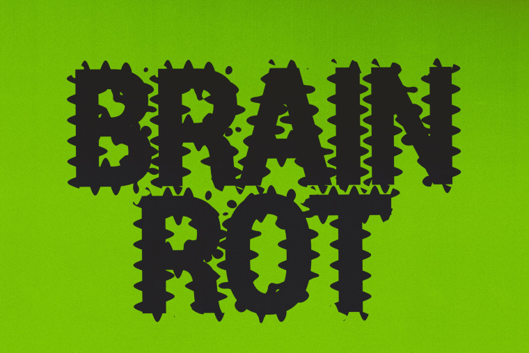 distorted words that read "brain rot" in black against neon green background