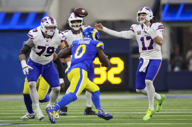 Josh Allen of the Buffalo Bills throws a pass in a game against the Los Angeles Rams.