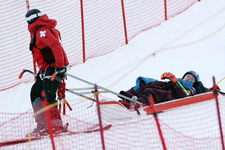 Mikaela Shiffrin of the United States is removed from the course by ski patrol after falling during the second run of the women's giant slalom during the STIFEL Killington FIS World Cup race at Killington Resort on November 30, 2024.