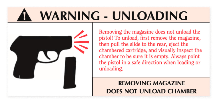 A warning label with the shape of a gun and magazine.