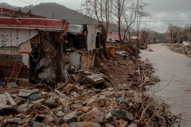 Storm damage from hurricane Helene in Swannanoa, N.C, on Dec. 11, 2024.